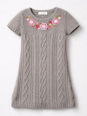 Maggie & Zoe gray cable short sleeve sweater dress with pink floral embroidery